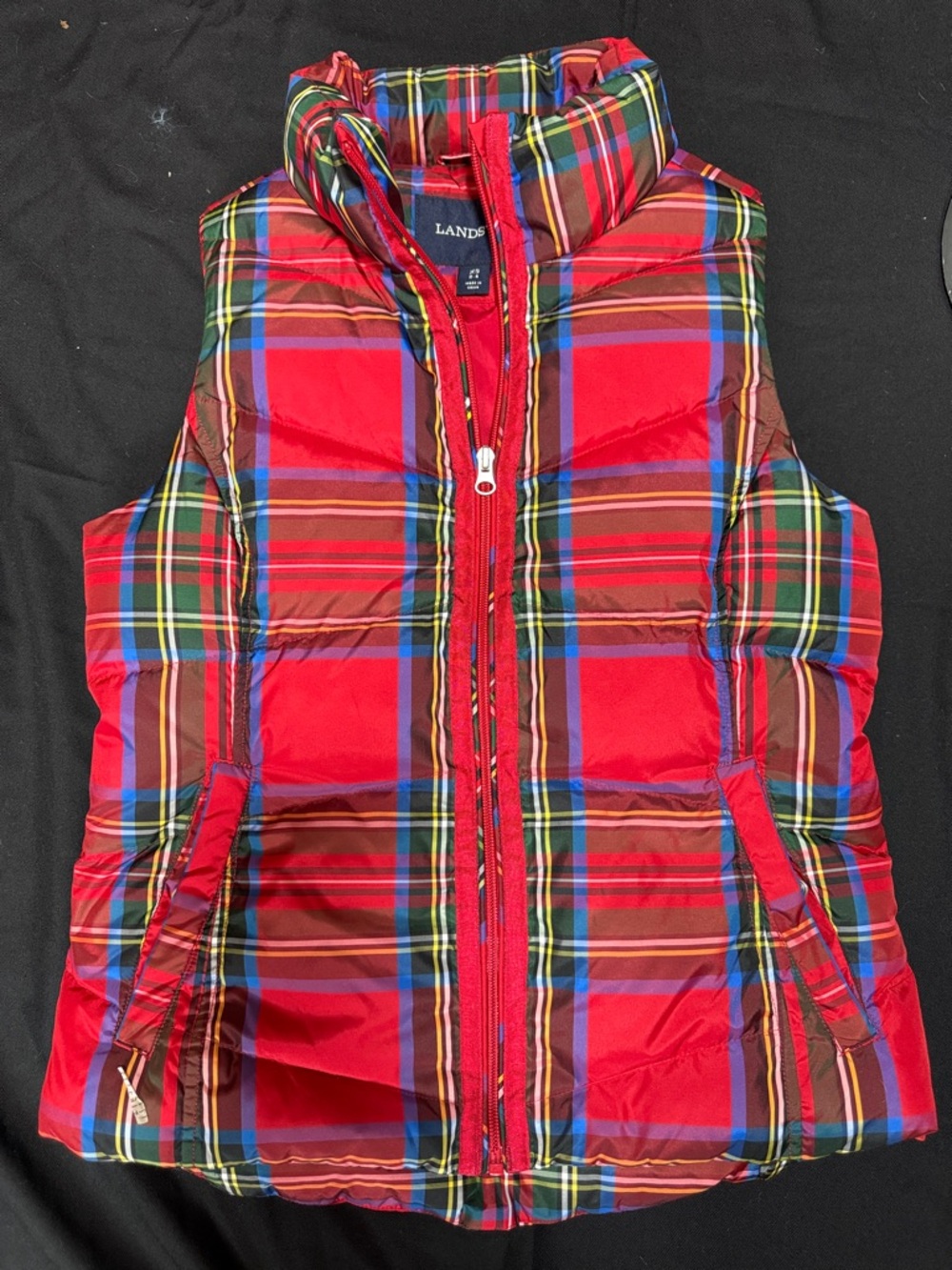 Lands' End Women’s Red Plaid Tartan Quilted Down Filled Full Zip Vest XS
